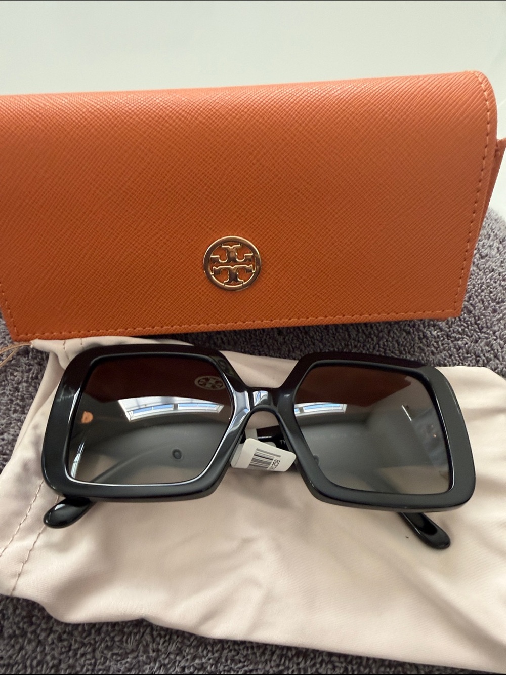 Tory Burch Black Square Sunglasses with Orange Case